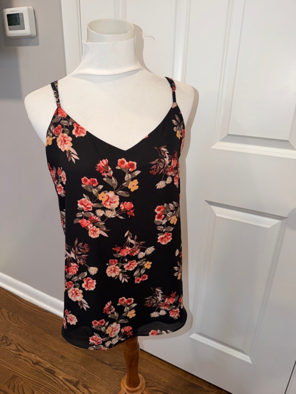 Floral Spaghetti-Strap Cami Top - Black with Pink & Coral Blooms
